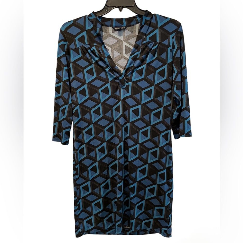 Banana Republic Abstract Print V-Neck Long Sleeve Dress Black Blue Size Medium‎